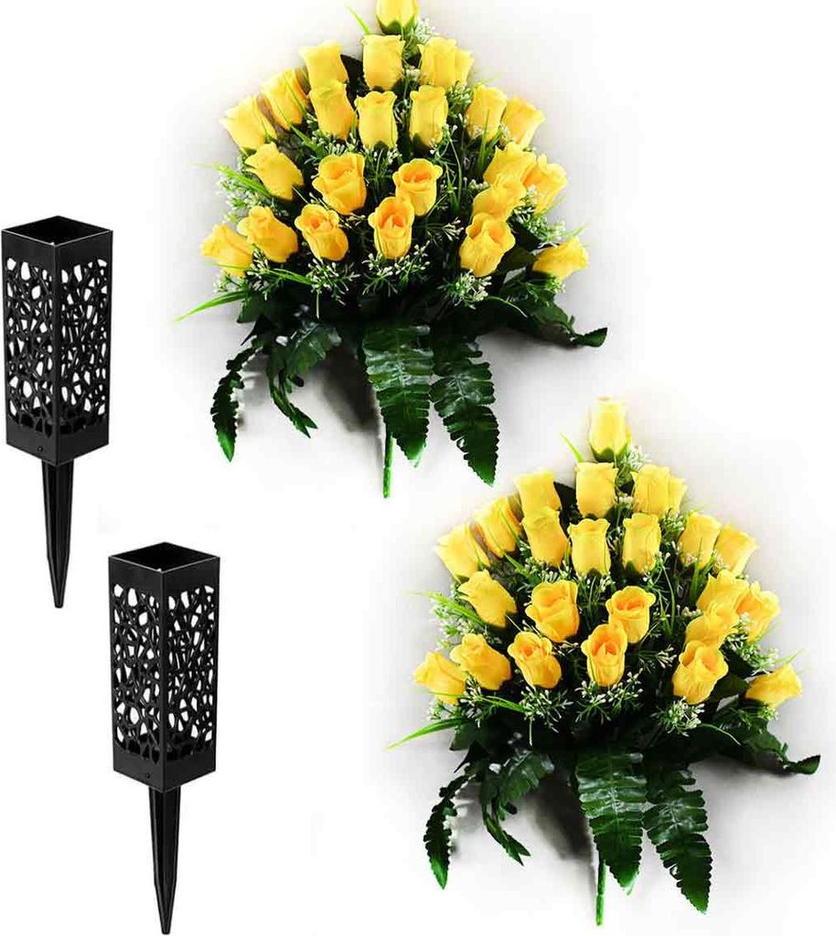 Künstliche Friedhofsblumen mit Vase, 2er-Set künstliche Rosen-Lilien-Sträuße, Gedenkblumen für Grabsteine zur Dekoration von Friedhöfen