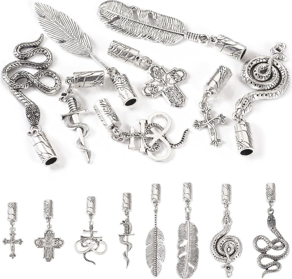 16 Stück Tibetische Stil Kordelenden Folk Rohr Schrumpfperlen Tipp Endkappen mit Kreuz Schlangenfedern Anhängern für Armband Kette Schmuckherste...