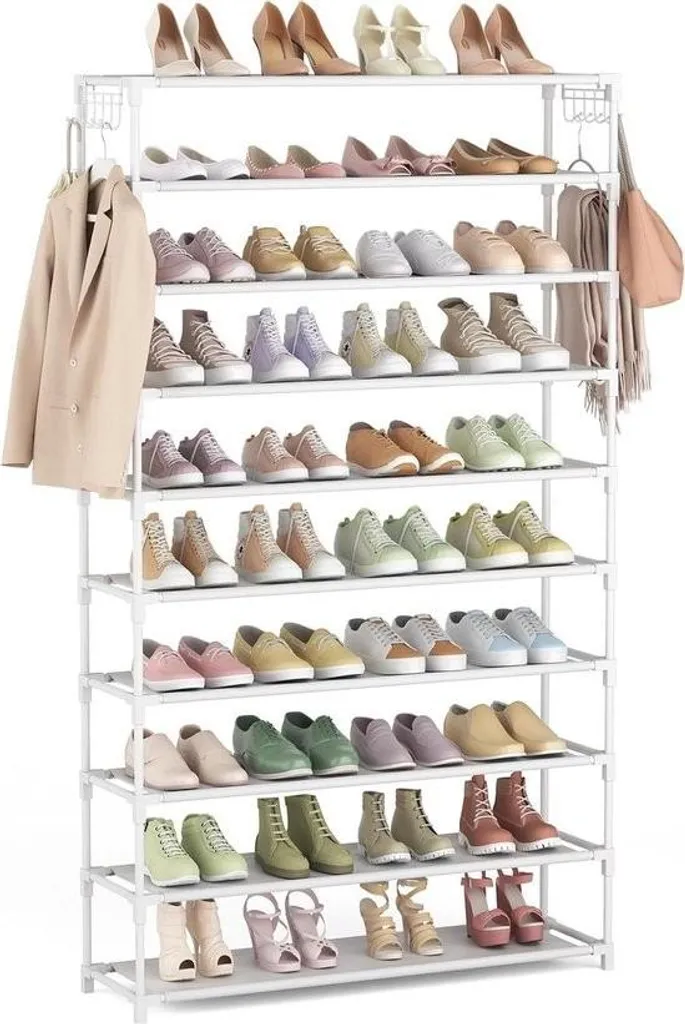 Étagère à chaussures 10 niveaux en métal blanc pour 50 paires 155 cm