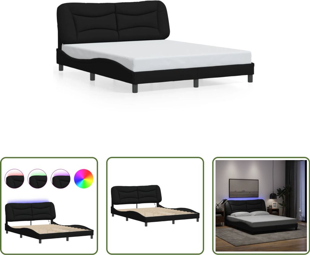 The Living Store Bettgestell mit LED Schwarz 160x200 cm Stoff