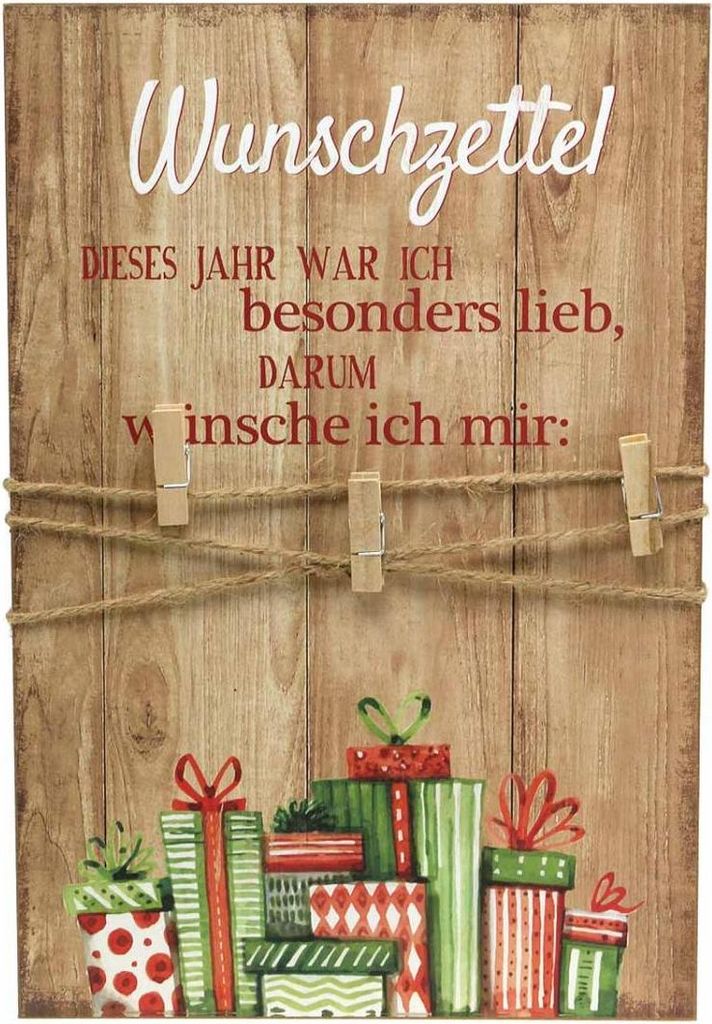 Dekoschild Weihnachten für Wunschzettel mit Klammern und Juteschnur