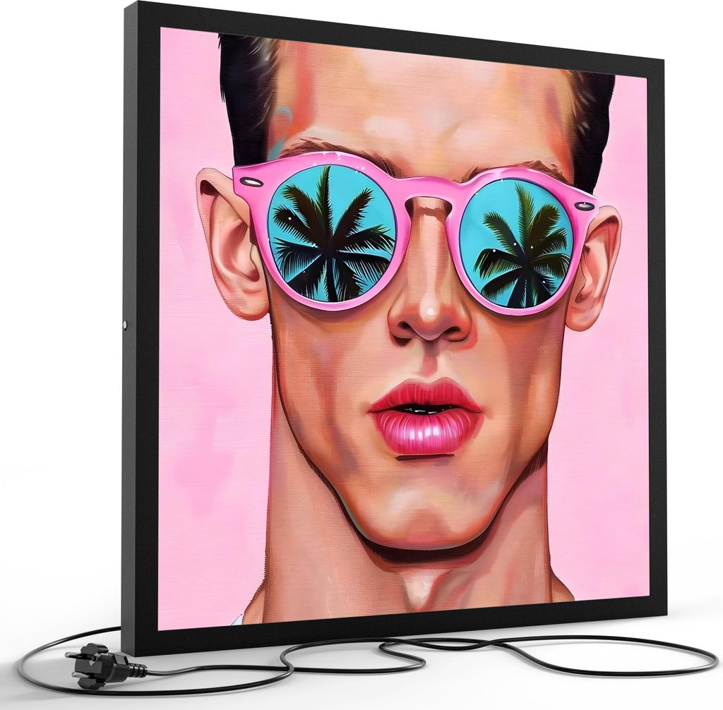DEQORI LED-Bild & Lampe 60x60 cm Schwarz 'Retro Beach Boy' Leuchtbild LED Leuchte