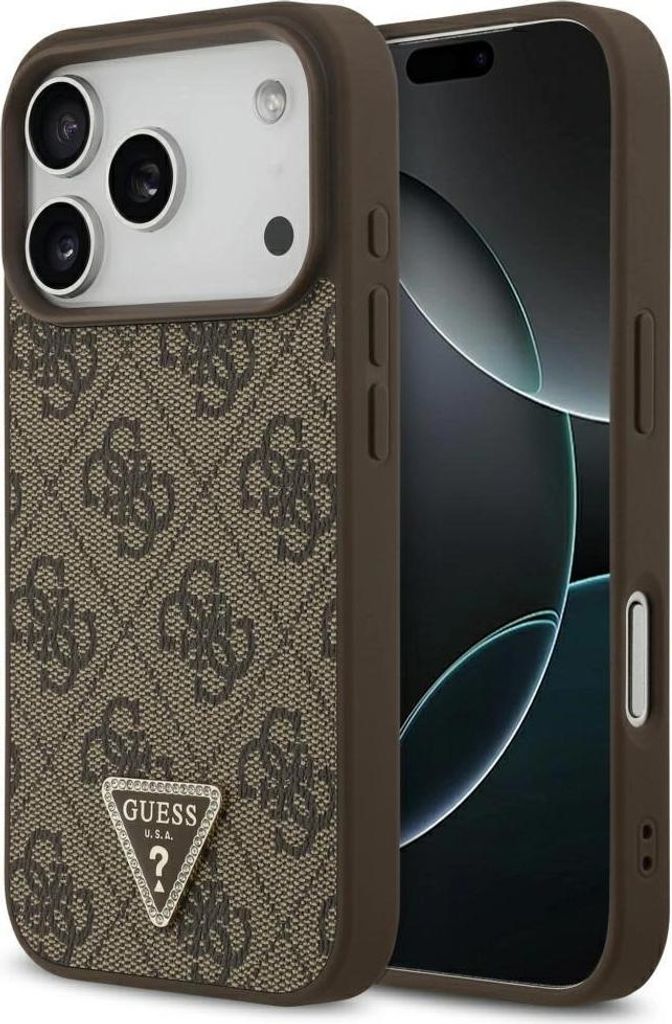 Etui Guess Leder 4G Triangle Strass Magsafe Na Iphone 17 Pro - Brązowe