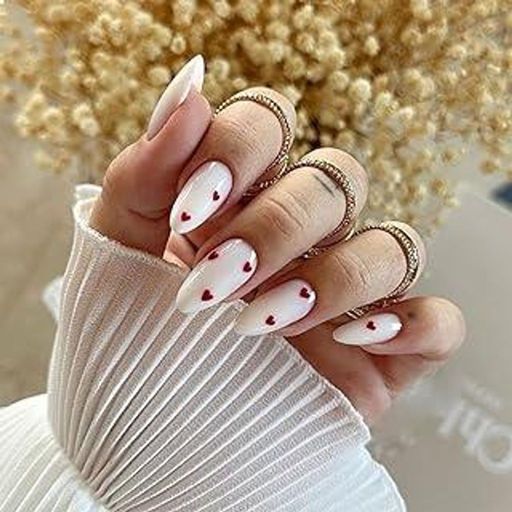 GlamRays 24 Stück Weiße Press on Nails French Tip Mandel Press-On-Nägel Liebenswerter Rot Herz Design Wiederverwendbares Voll-Abdeckung Klebe-Na...
