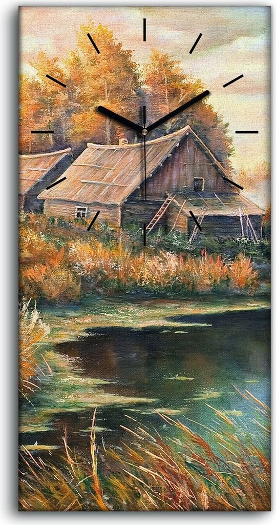 Dekor Leinwand Uhr Wandbilder Geräuschlos 30x60 Malerei Hütten Wald Bäume Natur - schwarze Hände