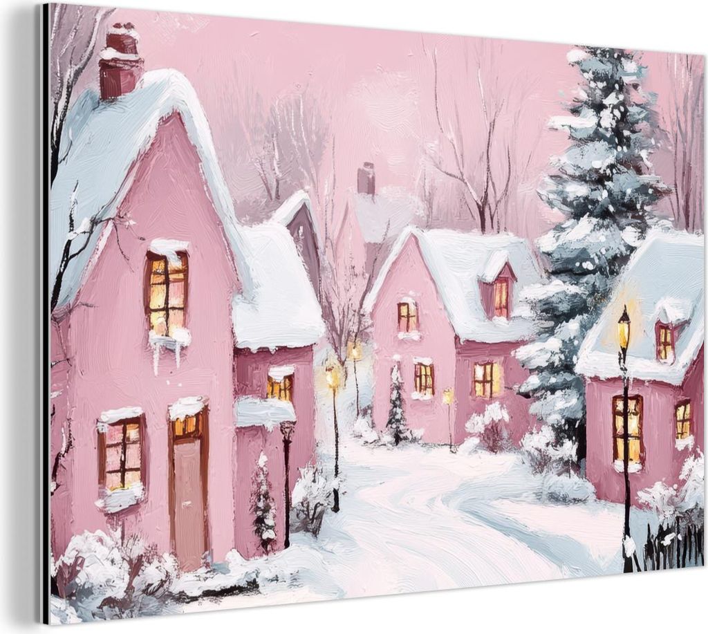 MuchoWow Wanddekoration Metall Metallbild Wandkunst 90x60 cm Weihnachtsdorf - Rosa - Winter - Schnee - Häuser MuchoWow Aluminium Gemälde - Wandbi...