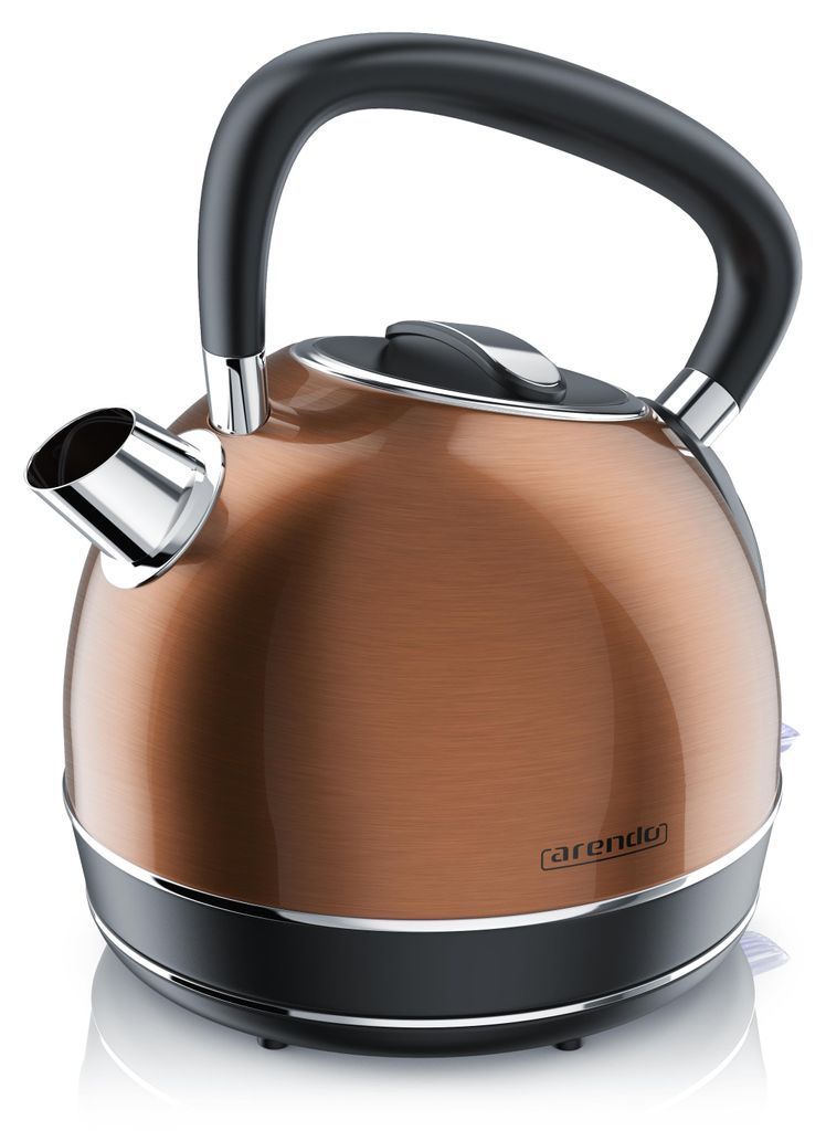 A close-up studio shot of a copper-colored electric kettle.