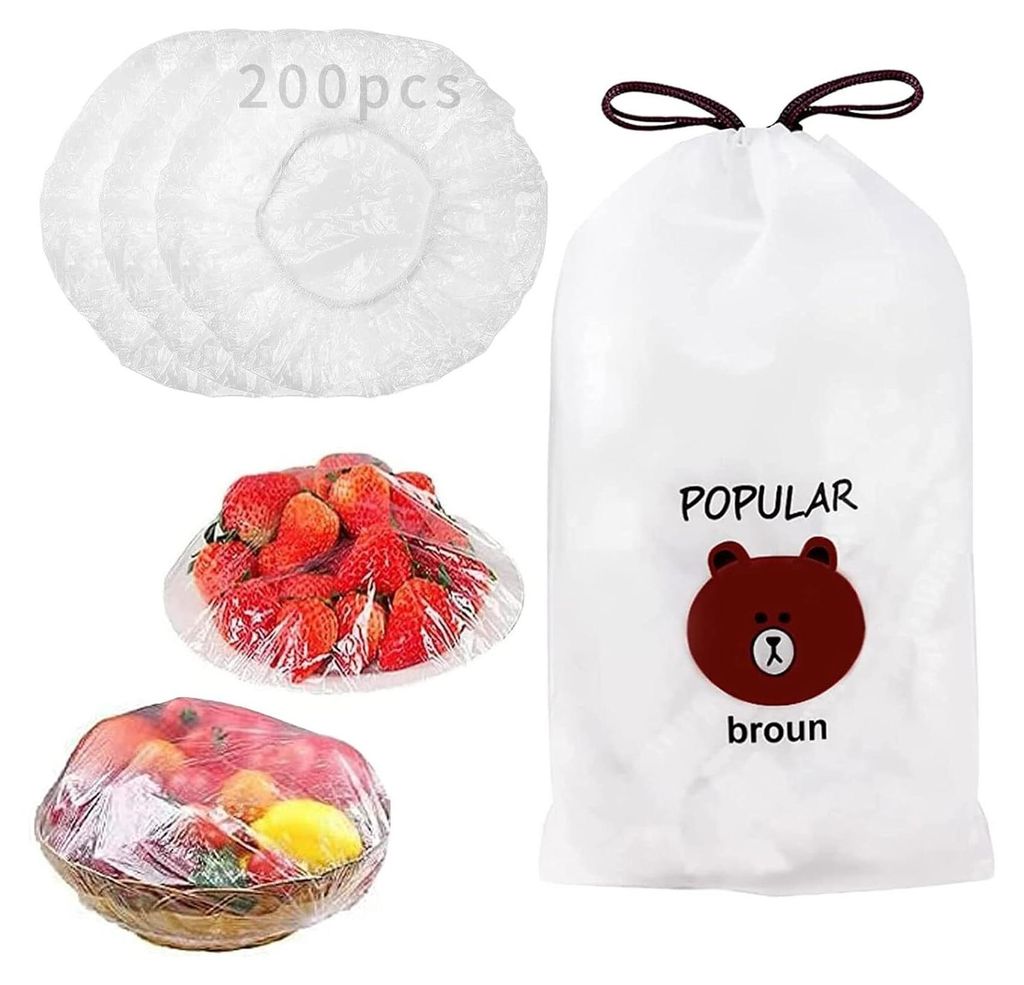 A collage of images showing food items covered with plastic wrap, a stack of plastic covers, and a drawstring bag with a cartoon bear illustration.