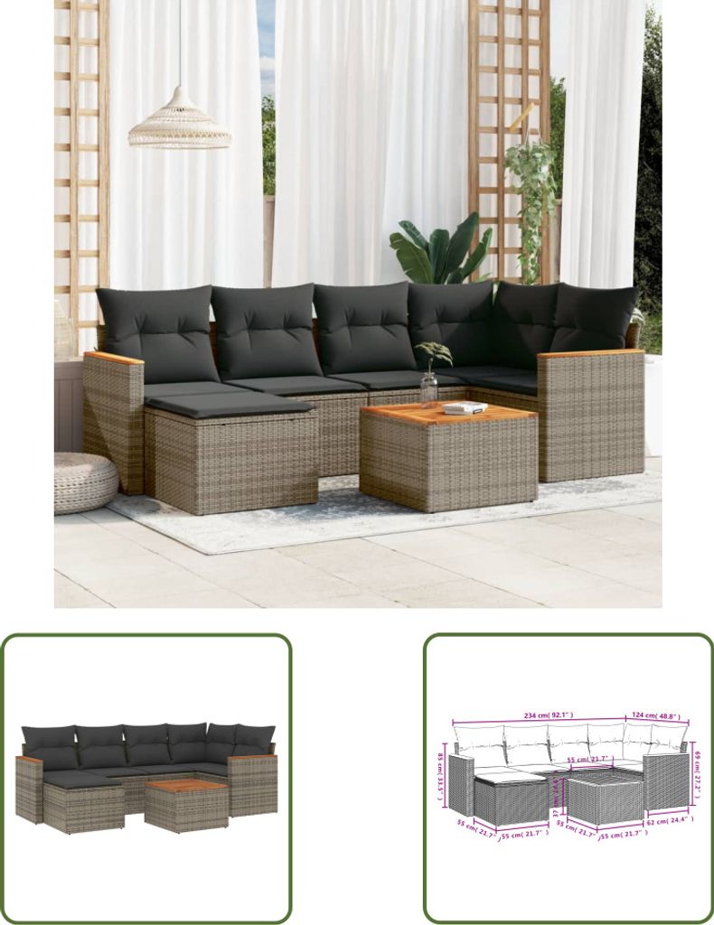 The Living Store 7-tlg. Garten-Sofagarnitur mit Kissen Grau Poly Rattan