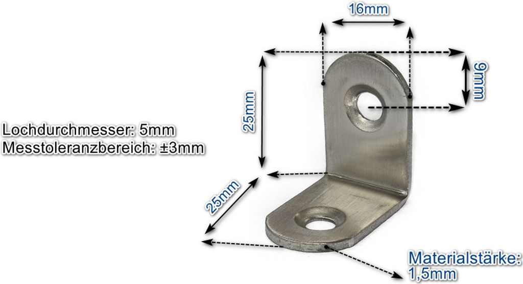 Edelstahl Winkel 25x25x16mm (VE 10Stk) 10x einsetzbar als Lochwinkel, Metallwinkel, Balkenwinkel, Verbinder, Winkelverbinder