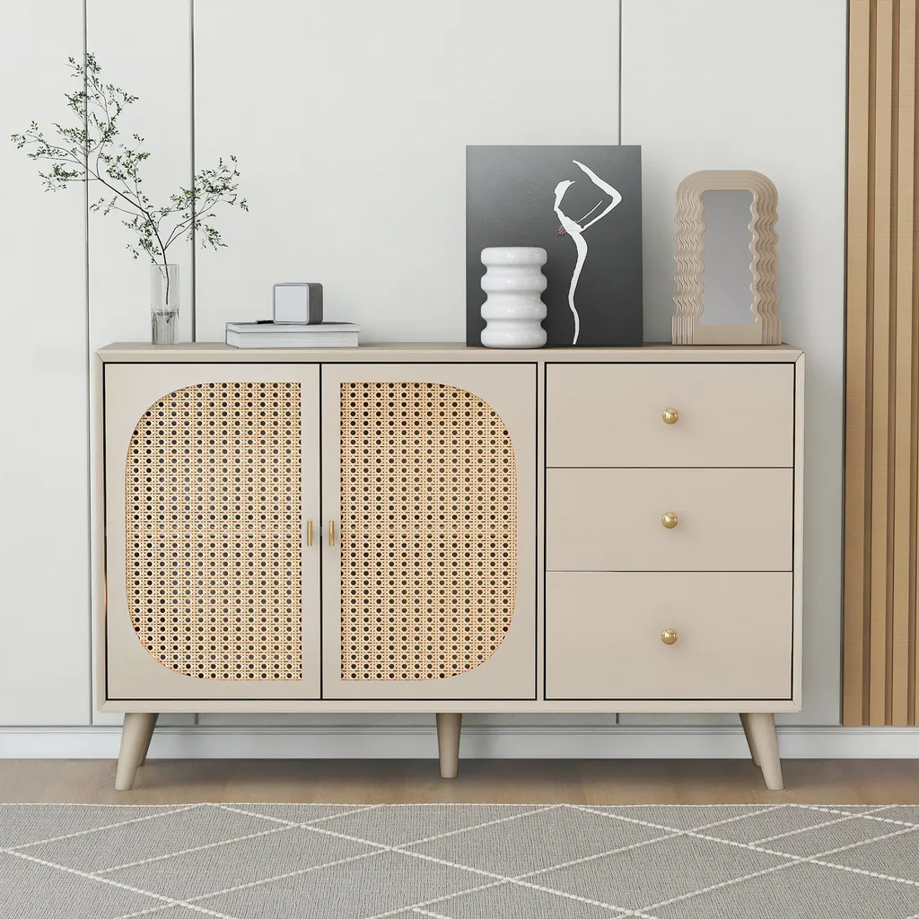 Commode de rangement en rotin naturel crème 3 tiroirs design chic