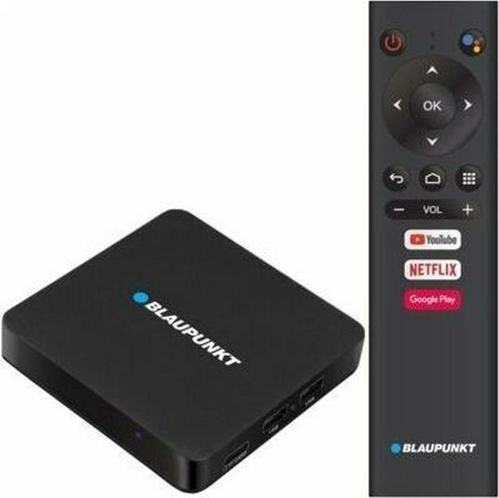 A Blaupunkt Android TV box and its remote control are shown against a white background.