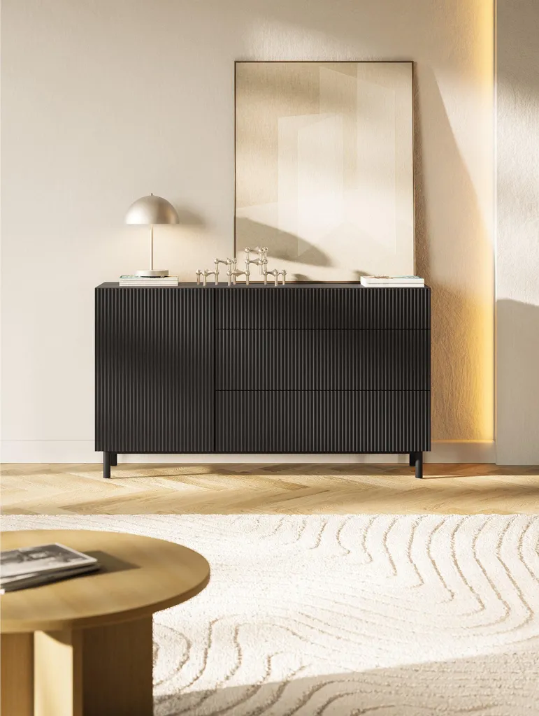 Buffet Noir à Façade Rainurée Veldio New 140 cm Style Design Moderne - 2