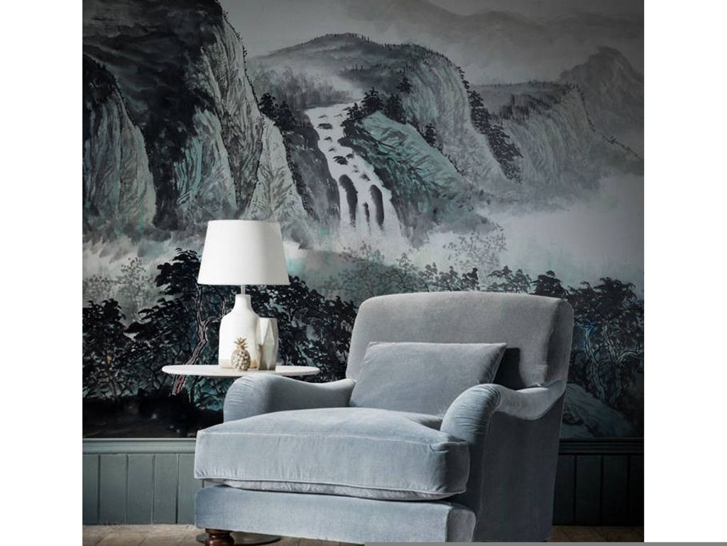 Coloray Fototapete 360x250 cm Vlies-Fototapete - Tintenlandschaft Chinoiserie Bergwasserfall