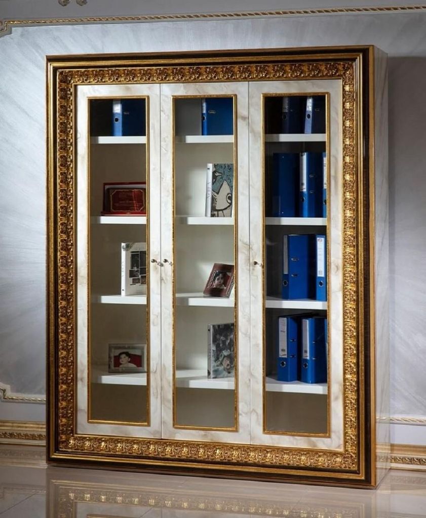 Casa Padrino Luxus Barock Bücherschrank Weiß / Dunkelbraun / Gold - Prunkvoller Massivholz Schrank mit 3 Glastüren - Handgefertigte Barock Büro...