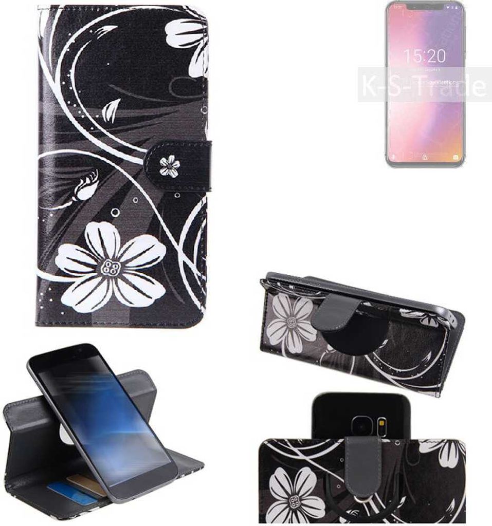 K-S-Trade Schutzhülle Handyhülle kompatibel mit UMIDIGI One Pro Hülle 360° Wallet Case ''Flowers'' Klapphülle Hülle schwarz-weiß 1x