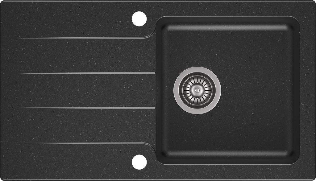 A top-down view of a black granite kitchen sink with a drain and two pre-drilled holes.
