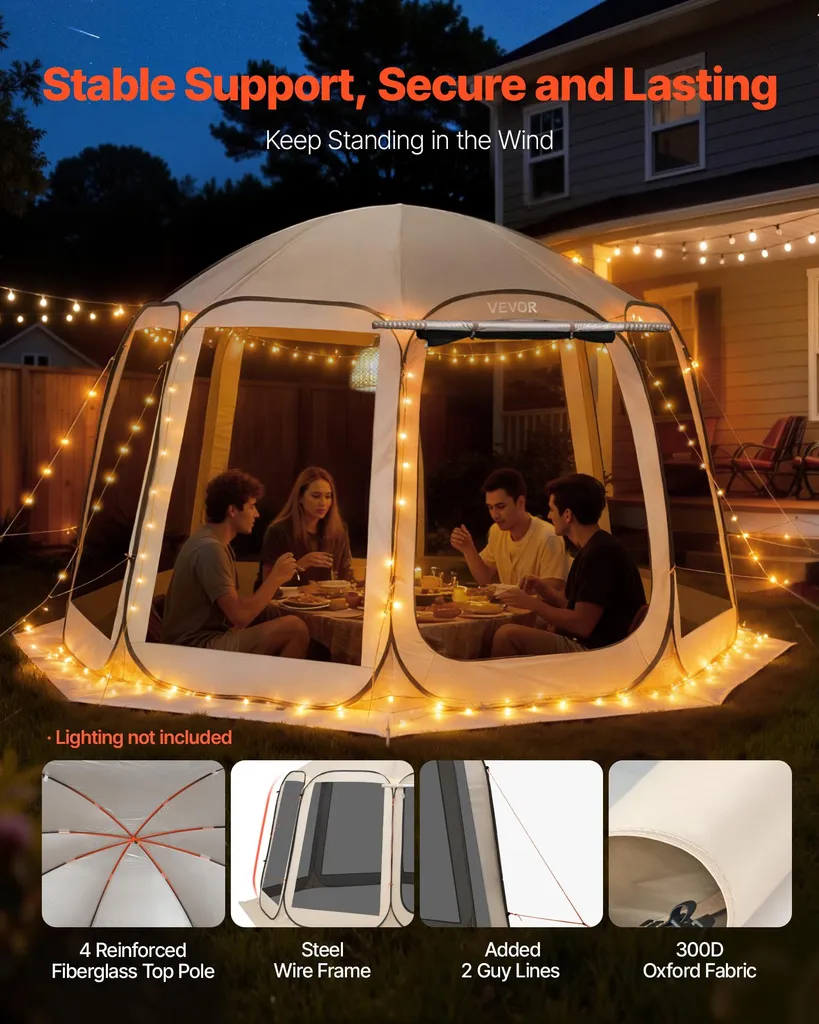 Tenda da campeggio VEVOR, 365,76x335,28x230 cm, tenda pop-up con tenda estensibile, tenda per feste per 10-12 persone, inclusa borsa per il trasporto e pareti laterali in rete, per patio e attività all'aperto, beige - 5