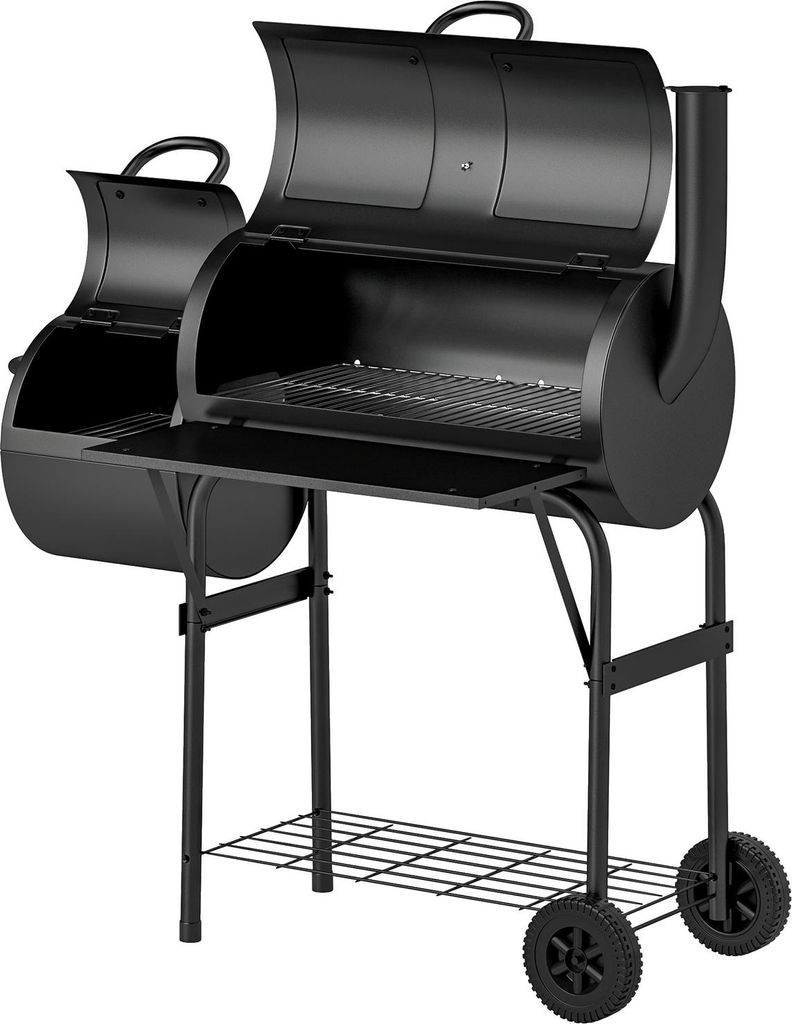 Holzkohlegrill aus Stahl BBQ Smoker mit Deckel Thermometer Räder Ablage fahrbar Grillwagen mit Luftzufuhr Kohlewanne, Kohlegrill Kohlegrillwagen f...