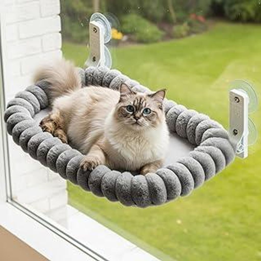 Fensterliege für Katzen, Klappbarer Cat Window Hammock mit Saugnäpfen, Waschbares Fensterbett für Katzen bis 18kg, M(52x30cm), Grau