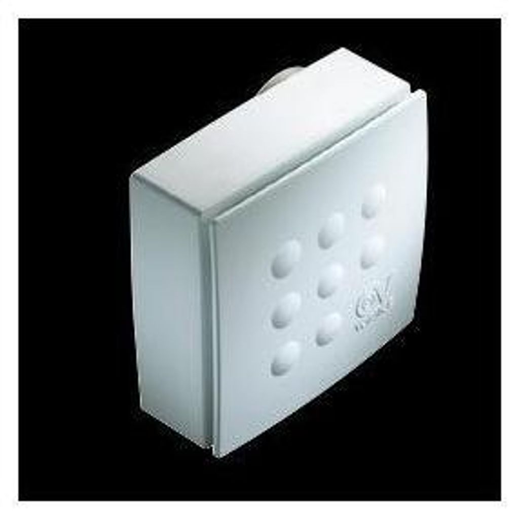 A white ventilation unit with a textured front panel is shown against a black background.