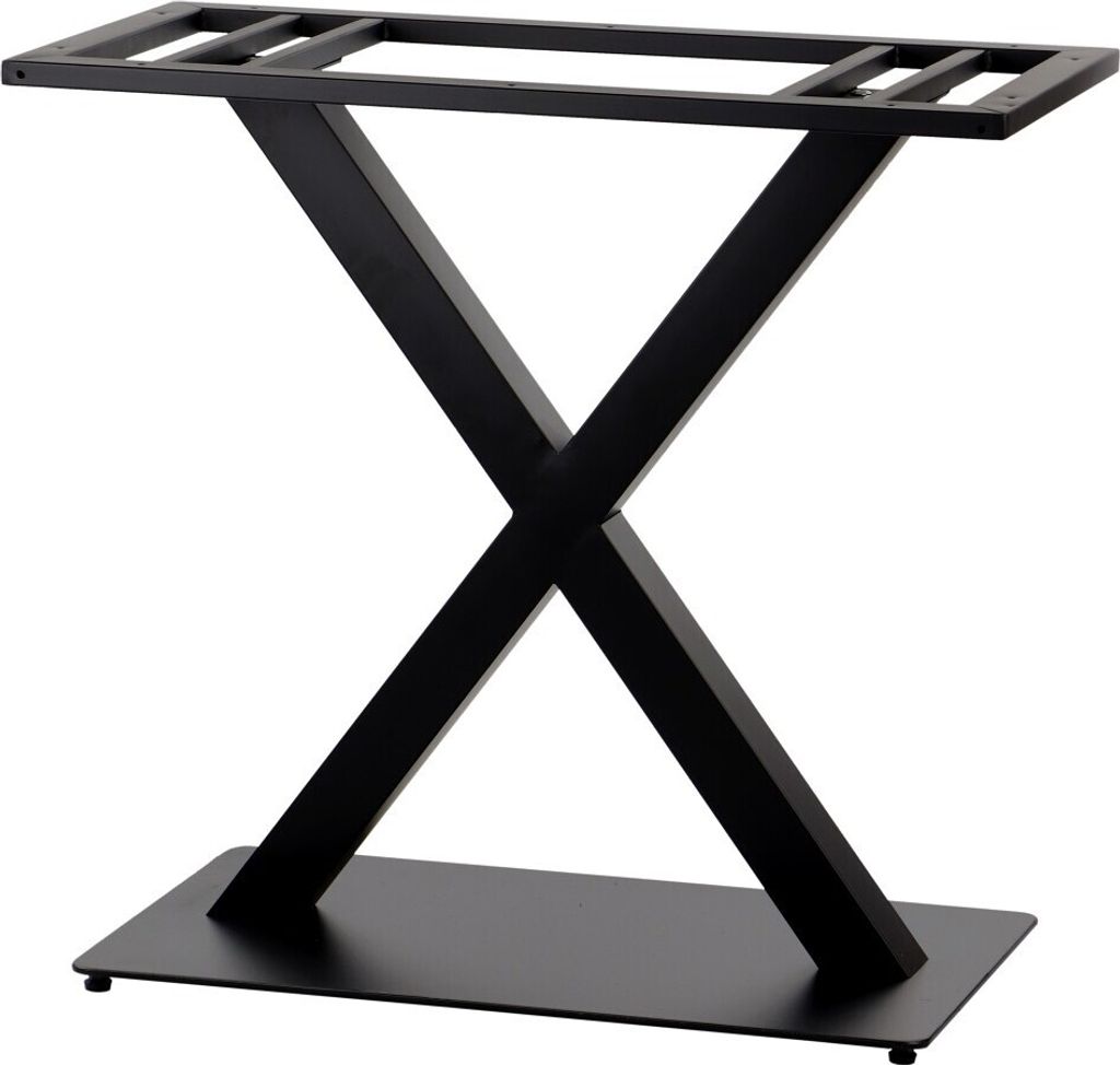 A black metal table base with an X-shaped support structure and a rectangular base plate.