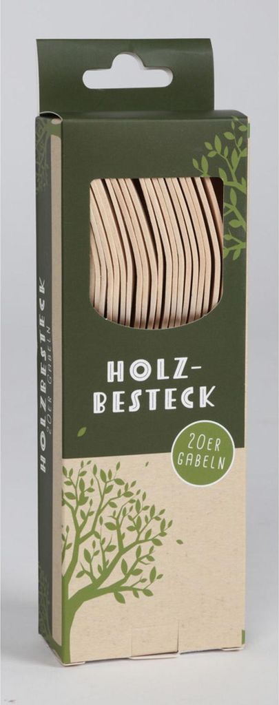 A box of wooden cutlery with a window showing the product inside.