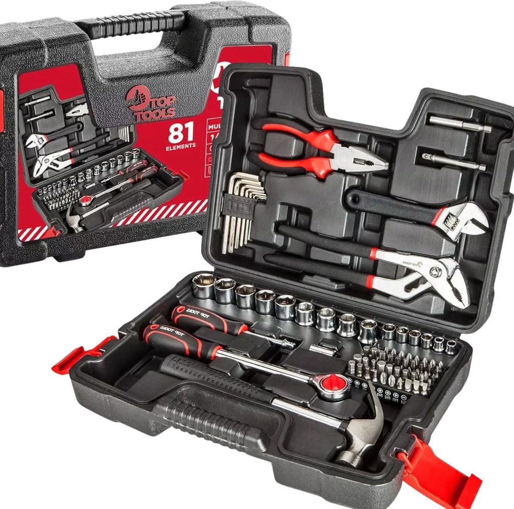 Top Tools Werkzeugset 81 tlg. mit Zangen, Schraubenschlüssel, Hammer und Bits