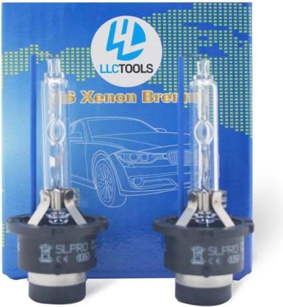 A product box for Xenon headlights, with two bulbs displayed in front of it.