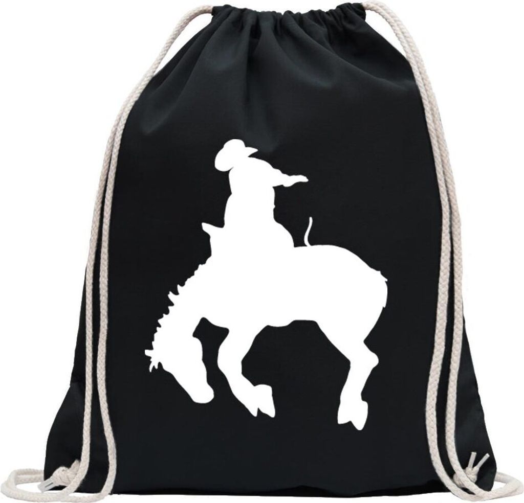 Kiwistar - Turnbeutel - schwarz - Cowboy mit Pferd Rodeo 2 - Fun Rucksack Sport Beutel Gymsack Baumwolle mit Ziehgurt