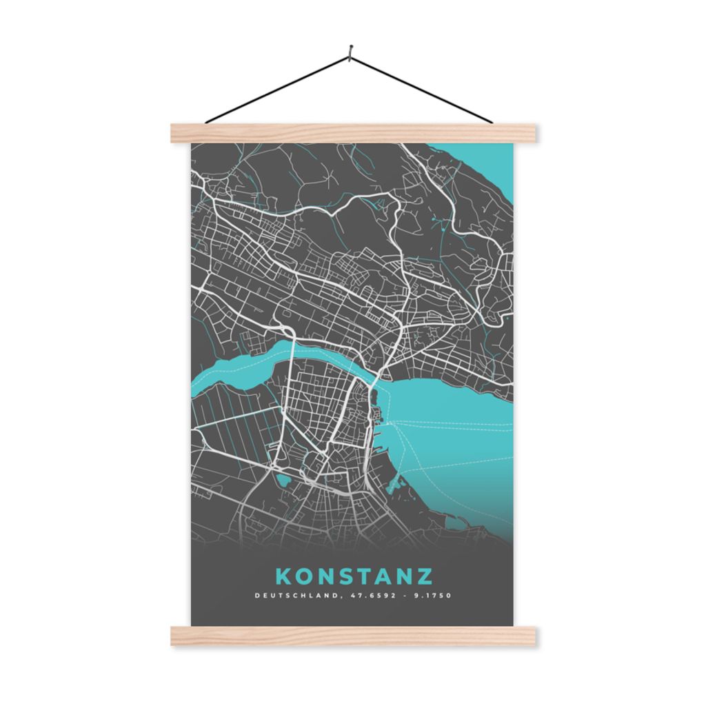 MuchoWow Textilposter Stadtplan - Konstanz - Deutschland - Karte 120x180 cm mit holzfarbenen Rahmen - Textil-Plakat
