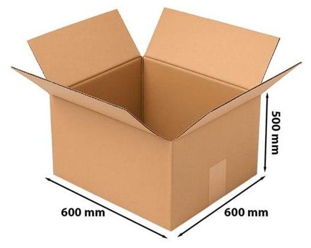 A brown cardboard box with its flaps open, showing dimensions.