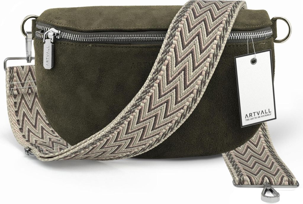 ARTVALL - Umhängetasche aus Wildleder, Klein mit verstellbarem Schultergurt, abnehmbares Taschenband, Crossbody Bag in Dunkelgrün