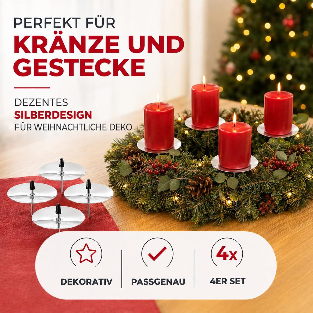 4er Kerzenhalter silberne Kerzenplatte Adventskranzstecker