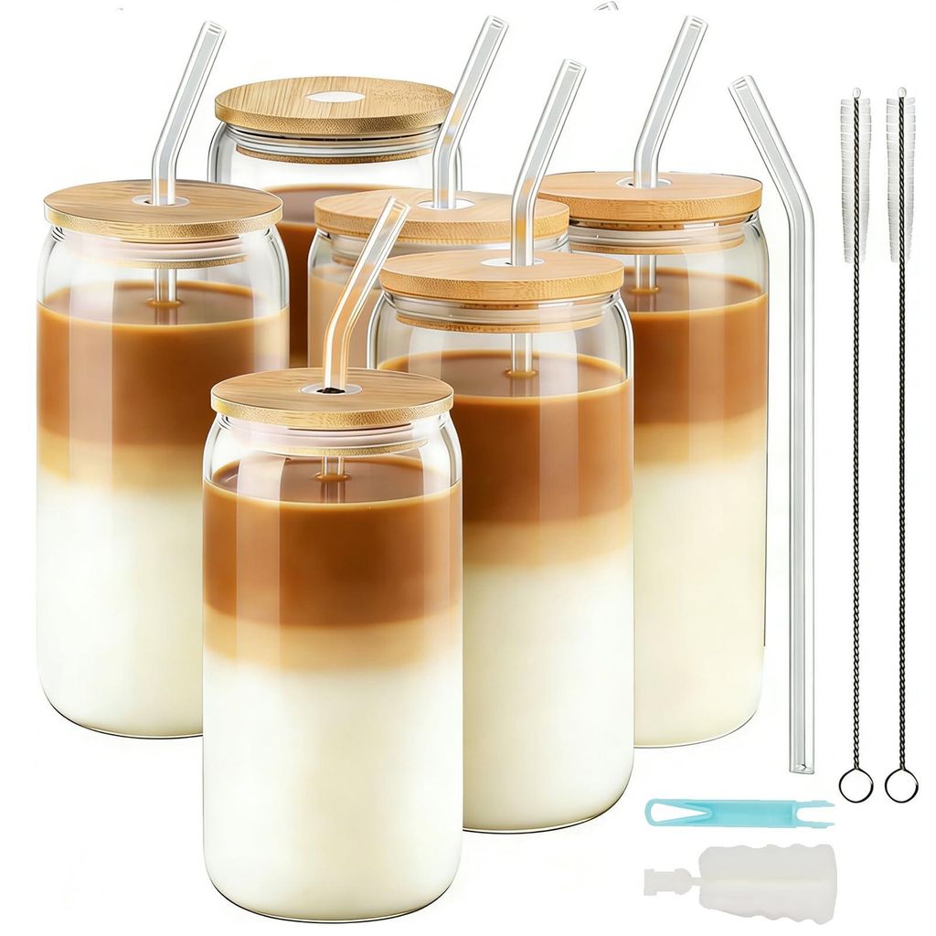 6er-Set Eiskaffeegläser (473 ml) mit Deckel und Strohhalm in Dosenform, ideal für Smoothies, Milchshakes, Säfte, Bier und Longdrinks. Perfekt al...