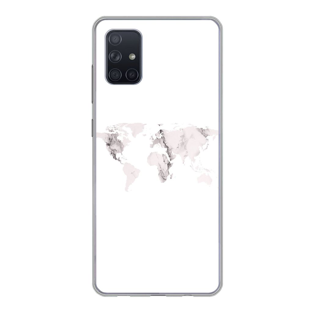 MuchoWow Handyhülle Schutzhülle Hülle für Samsung Galaxy A71 Weltkarte - Marmor - Weiß Silikon Softcase Handy Hülle - Kartenbesitzer