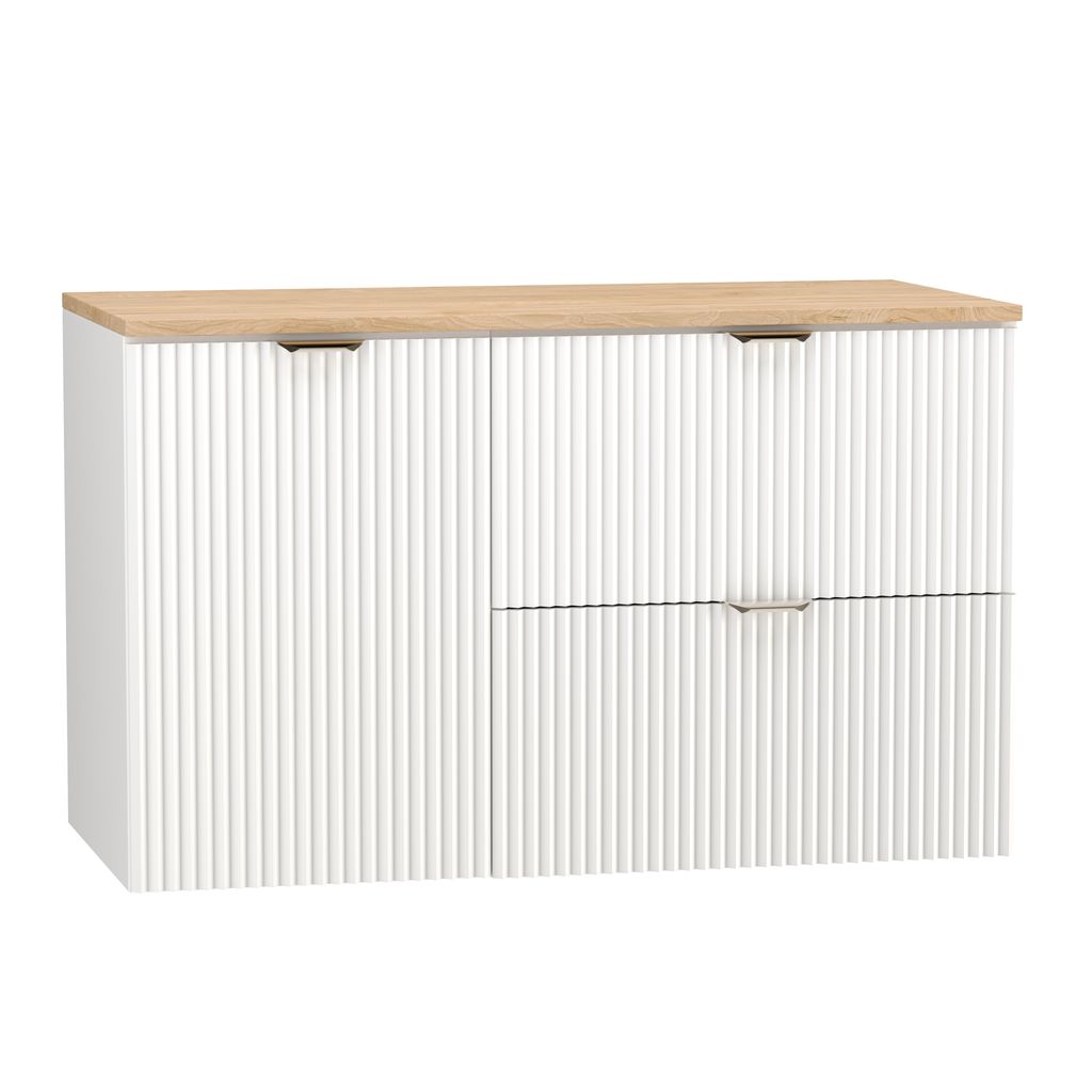 WENA Waschtischunterschrank 100 cm mit Wäschekorb, geriffelte Fronten, Griffe aus Metall in der Farbe Gold (Farbe: Weiß/Eiche Platte)