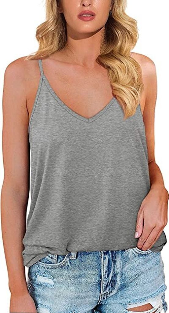 ASKSA Damen Bluse V-Ausschnitt Ärmellose Einfarbige T-Shirt Sommer Elegant Casual Loose Fit Tops Shirt, Grau, XL