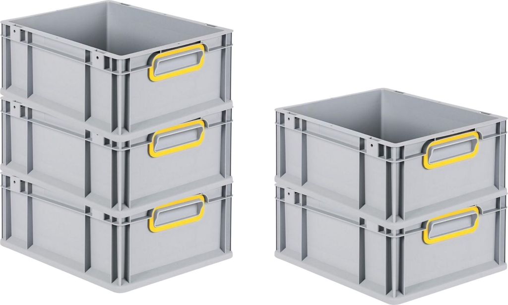 SparSet 5x Eurobox NextGen Color | HxBxT 17x30x40cm | 16 Liter | Griffe gelb geschlossen | Glatter Boden | Grau | Eurobehälter, Transportbox, Tran...