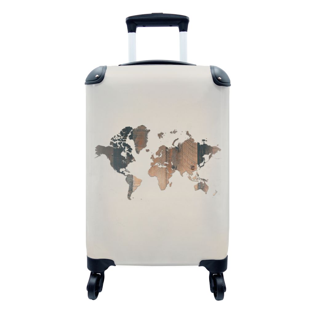 MuchoWow Koffer Handgepäck Trolley Rollkoffer Kleine Reisekoffer mit 4 Rollen - Weltkarte - Holzbrett - braun - Cabin Size < 55x40x23 cm & 55x40...