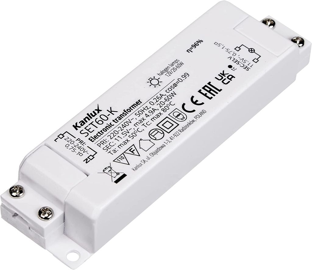 A white electronic transformer is shown from a diagonal angle on a white background.