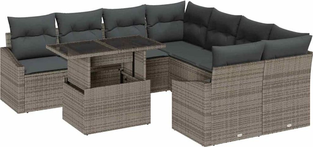 Garten-Sofa-Set mit Speicher 9 pcs Grau Poly Rattan