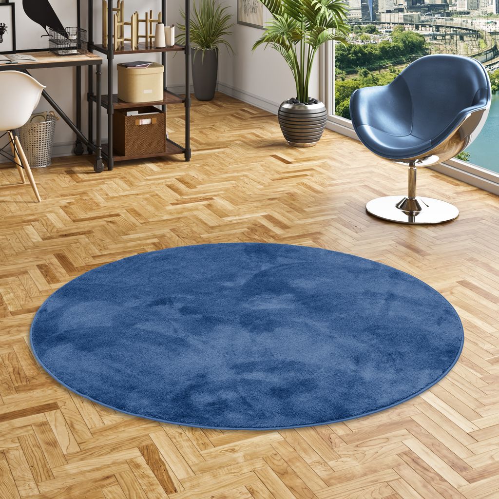 Luxus Super Soft Hochflor Langflor Teppich Deluxe Dunkelblau Rund, Größe:240 cm Rund