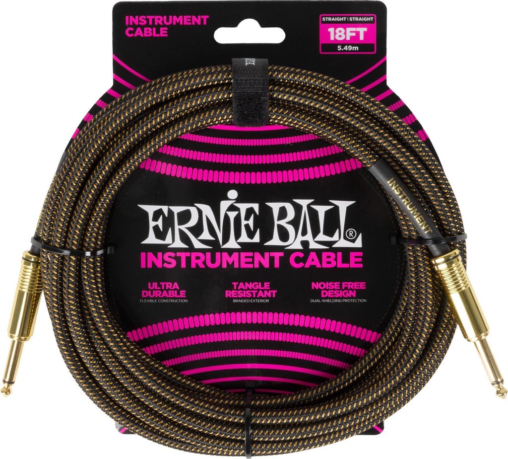 Ernie Ball Geflochtenes Instrumentenkabel, gerade/gerade, 5,5 m, Goldfarben (Pay Dirt) (P06432)