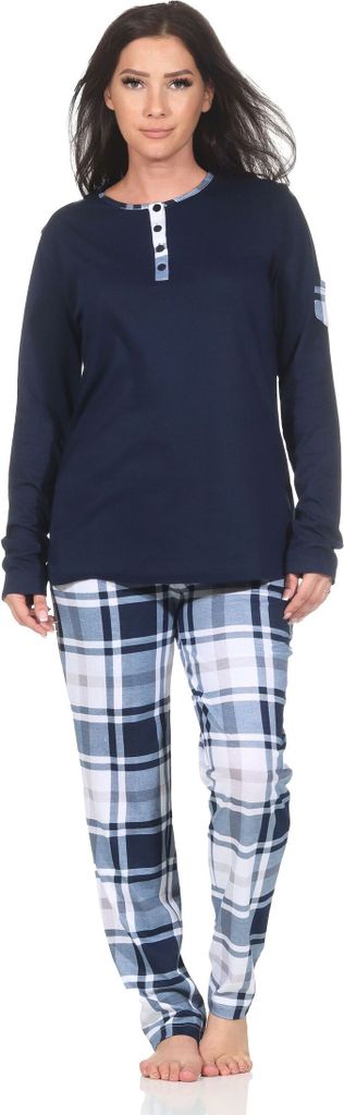 Normann Damen Schlafanzug mit karierter Pyjama-Hose aus Jersey - auch in Übergröße ; marine , 40