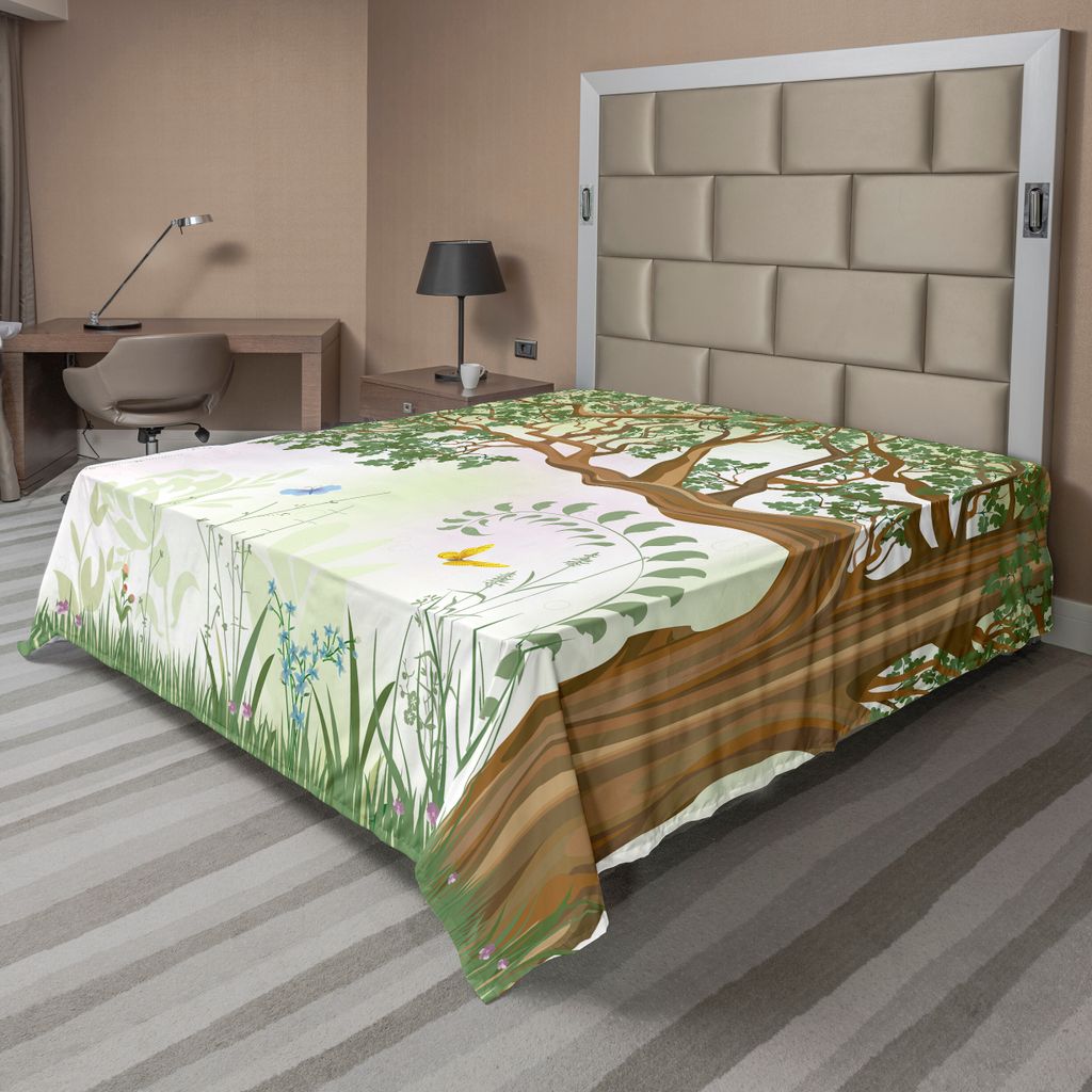 ABAKUHAUS Natur Bettlaken, Frühlings-Sommer-Ansicht-Baum-Gras-Schmetterlings-Ölgemälde-Effekt-Wand-hängende Kunst, weiches bequemes oberes Bett...