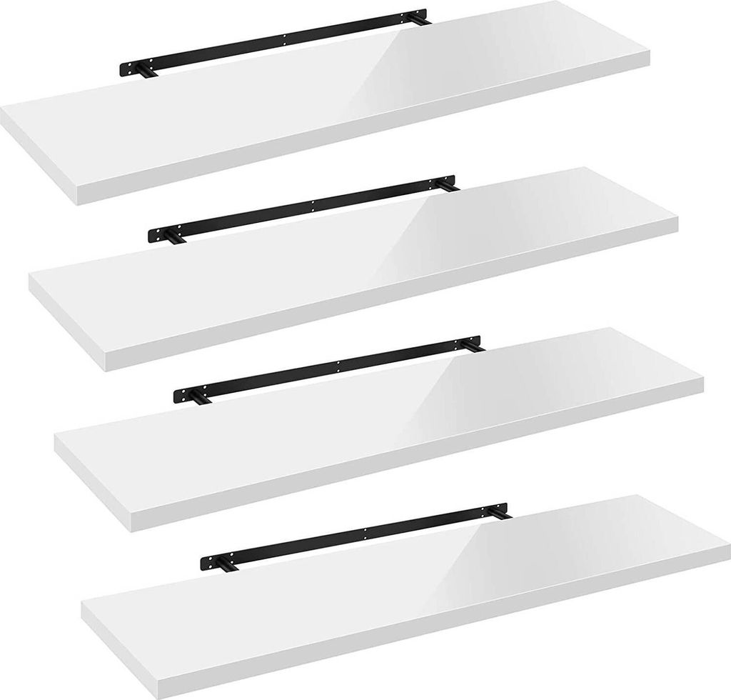 Four white floating shelves with black brackets are displayed against a white background.