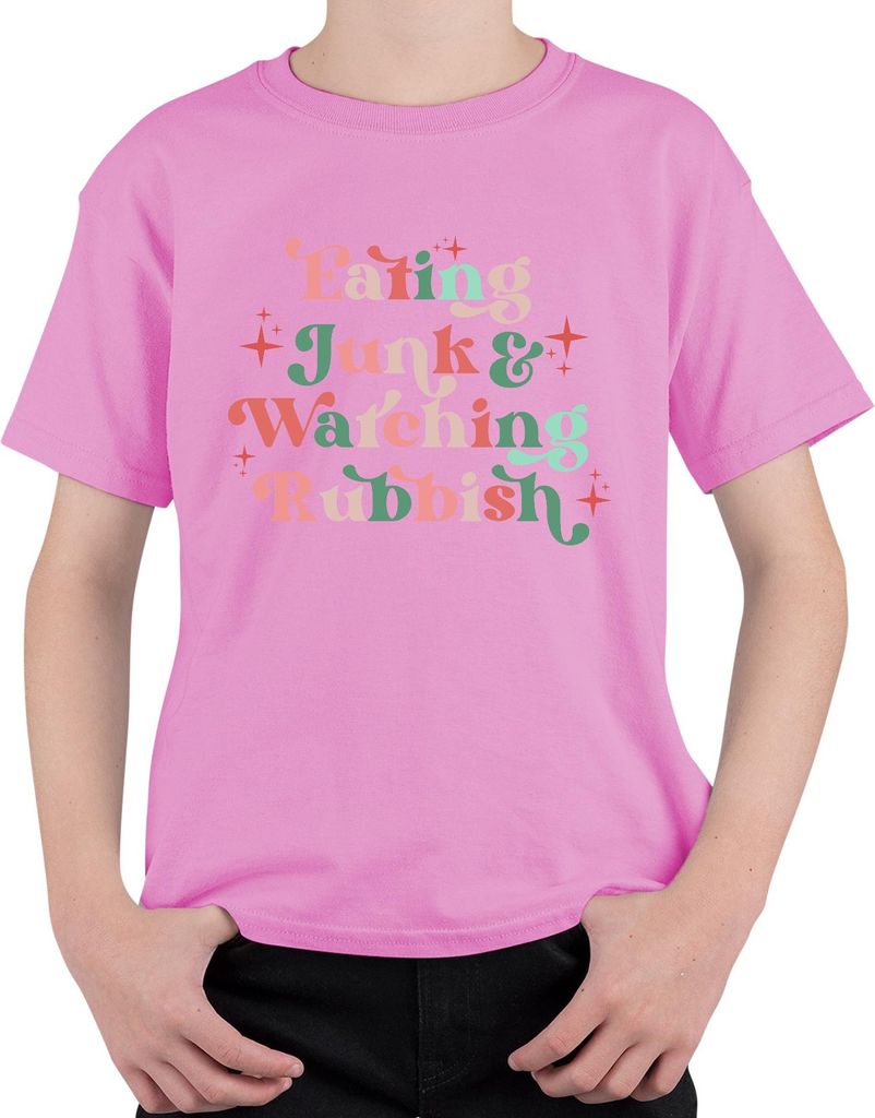 Eating Junk Watching Rubbish Binge Couch Wochenende Lustig Uni Kinder T-Shirt, Pink, 152