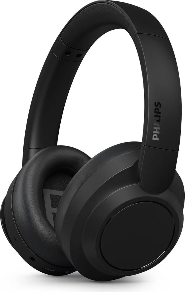 A studio shot of a pair of black Philips wireless headphones.
