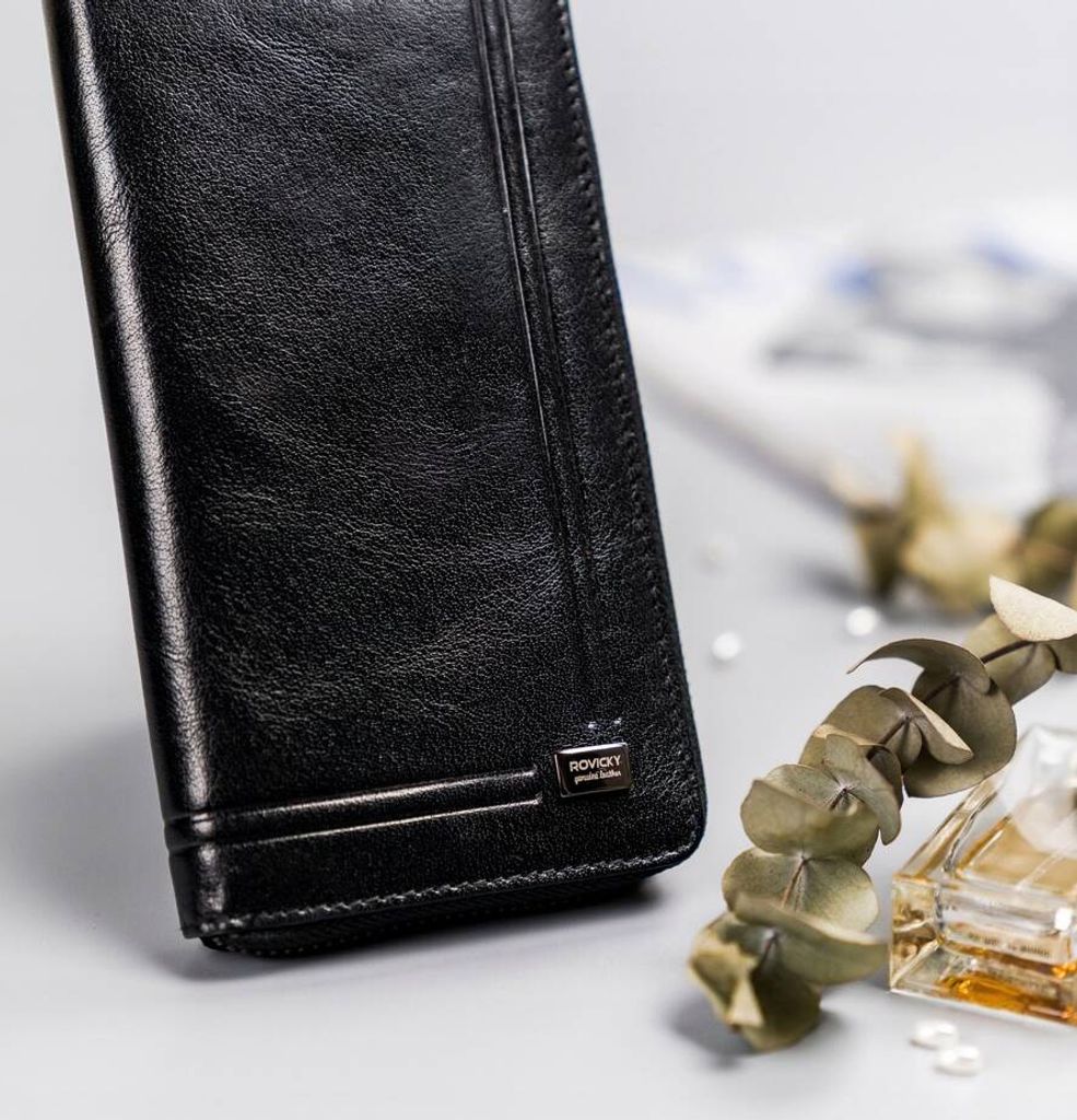 Rovicky | Großes Portemonnaie, aus Leder, für Damen, mit Reißverschluss und Schnappverschluss, Schwarz, 19x10 cm